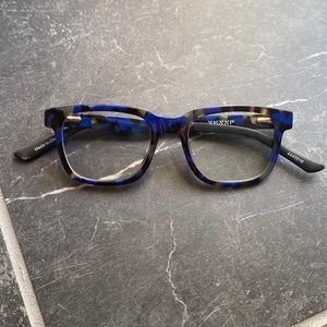 Zenni unisex children’s glasses. Blue & black tortoise shell with soccer ball.
